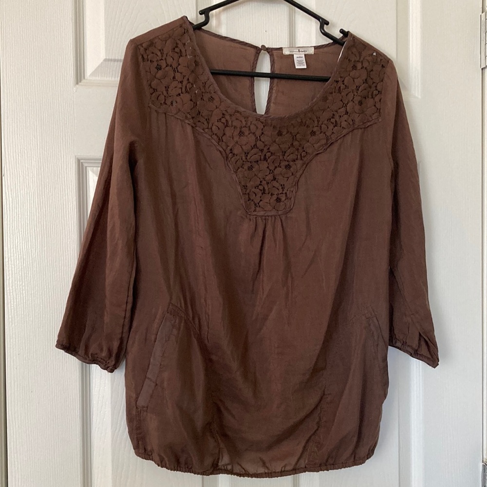 Trinity Silk/Cotton Blouse With Lace Detail- Size Medium in Brown